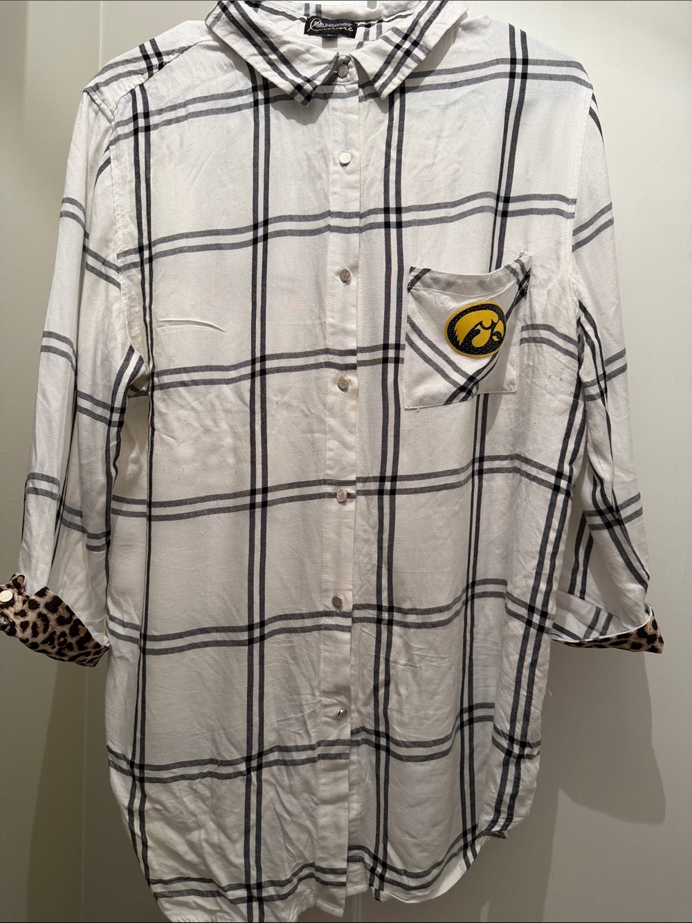 Women's White Plaid Button-Down Shirt with Iowa Patch